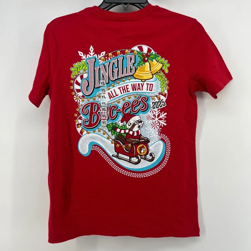Buc-ee's Kids Christmas 2025 Jingle Red Graphic T-Shirt Santa Beaver YL‎ NEW